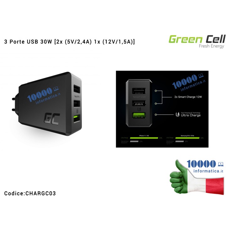 Alimentatore Caricabatterie Green Cell GC ChargeSource 3 Porte USB 30W [2x (5V/2,4A) 1x (12V/1,5A)] con ricarica rapida Ultra Ch