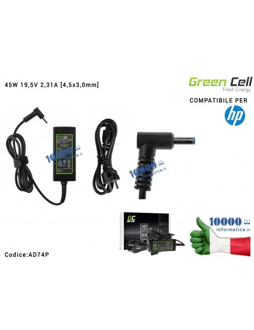 AD74P Alimentatore 45W 19,5V 2,31A [4,5x3,0mm] Green Cell Compatibile HP 250 G2 G3 G4 G5 255 G2 G3 G4 G5 HP ProBook 450 G3 G4...