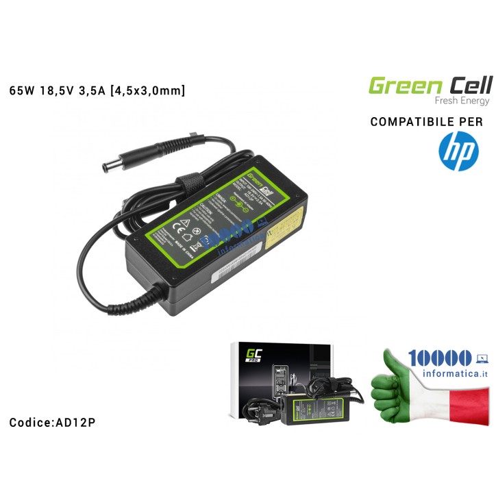 Alimentatore Green Cell PRO HP 65W 18,5V 3,5A [7,4x5,0mm] Compatibile per HP 250 G1 255 G1 ProBook 450 G2 455 G2 Compaq Presario