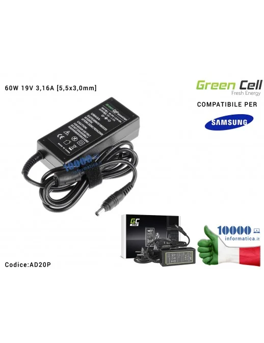 AD20P Alimentatore Green Cell PRO 60W 19V 3,16A [5,5x3,0mm] Compatibile per SAMSUNG RV511 R505 R510 R519 R520 R522 R530 R540 ...
