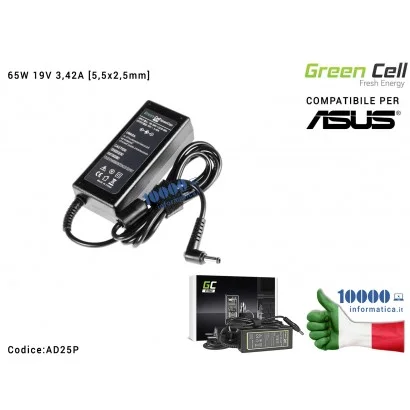 AD25P Alimentatore ASUS 65W 19V 3,42A [5,5x2,5mm] Green Cell PRO Compatibile ASUS A53 N43 N53 K50 K53 K55 K73 K75 K95 X53 TOS...