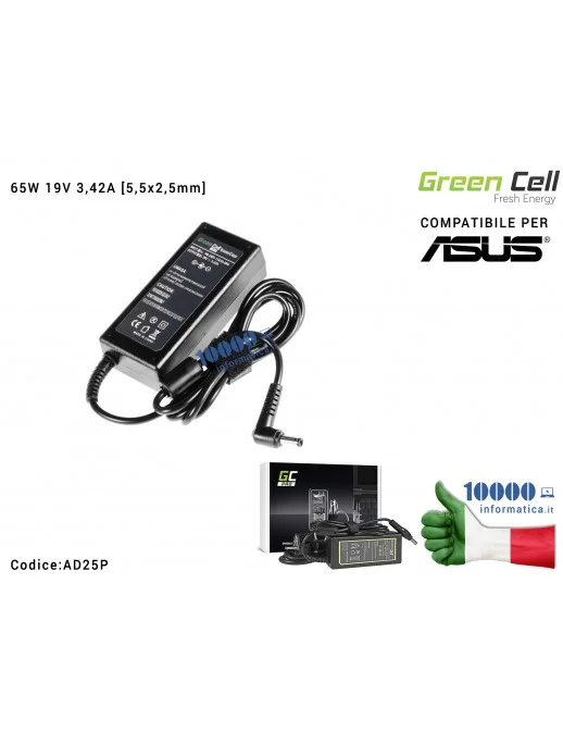 AD25P Alimentatore ASUS 65W 19V 3,42A [5,5x2,5mm] Green Cell PRO Compatibile ASUS A53 N43 N53 K50 K53 K55 K73 K75 K95 X53 TOS...
