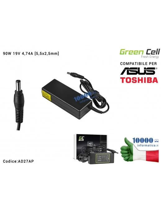 AD27AP Alimentatore ASUS 90W 19V 4,74A [5,5x2,5mm] Green Cell PRO Compatibile ASUS A53 N43 N53 K50 K53 K55 K73 K75 K95 X53 TO...