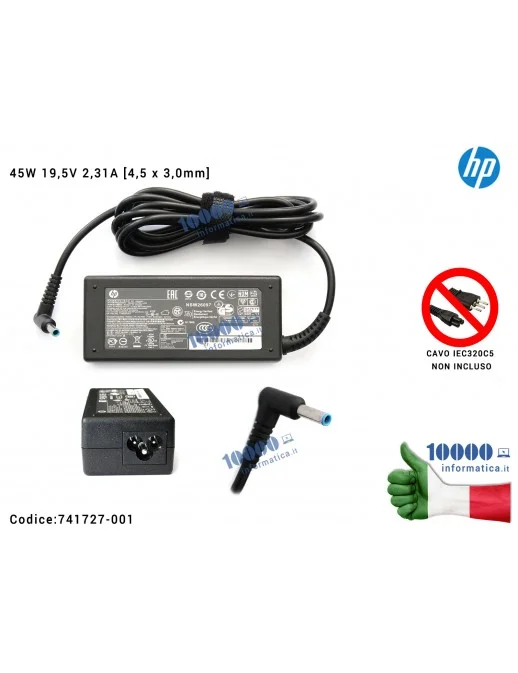 741727-001 Alimentatore HP 45W 19,5V 2,31A [4,5 x 3,0mm] 741727-001 Envy 14-ac 14-d 15-ac 15-af 15-d 15-f 15-g 15-r 15-n 15-p...