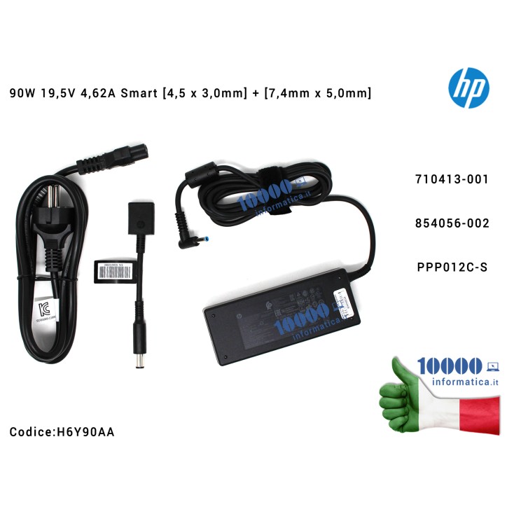 Alimentatore HP 90W 19,5V 4,62A Smart [4,5 x 3,0mm] + Adattatore [7,4mm x 5,0mm] Envy 15-J 15-K 17-J 17-K Pavilion 14-E 15-E 17-