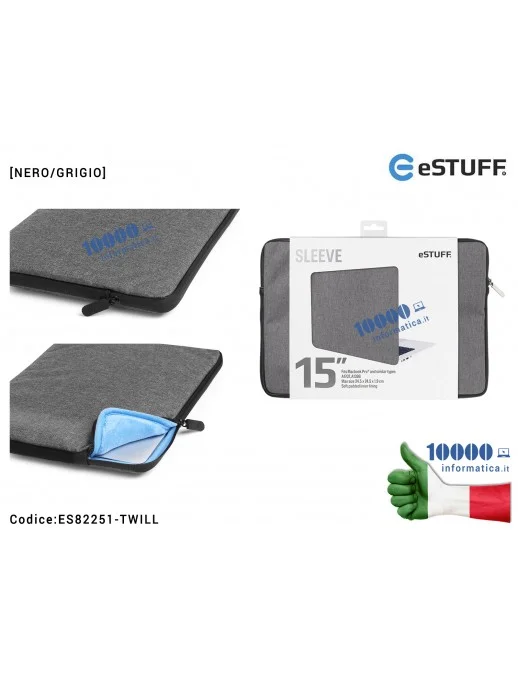 ES82251-TWILL Borsa per Notebook 15" eSTUFF Apple MacBook Pro A1398 A1707 [NERO/GRIGIO] Custodia Sleeve Fits con morbida fode...