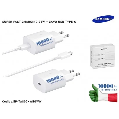 EP-TA800XWEGWW Caricabatterie USB-C [25W] SAMSUNG (BIANCO) + Cavo TYPE-C EP-TA800EWE (BLISTER) Galaxy Note 10 S10 5G S20 + S2...