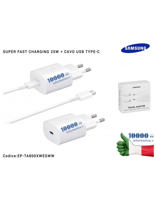 EP-TA800XWEGWW Caricabatterie USB-C [25W] SAMSUNG (BIANCO) + Cavo TYPE-C EP-TA800EWE (BLISTER) Galaxy Note 10 S10 5G S20 + S2...
