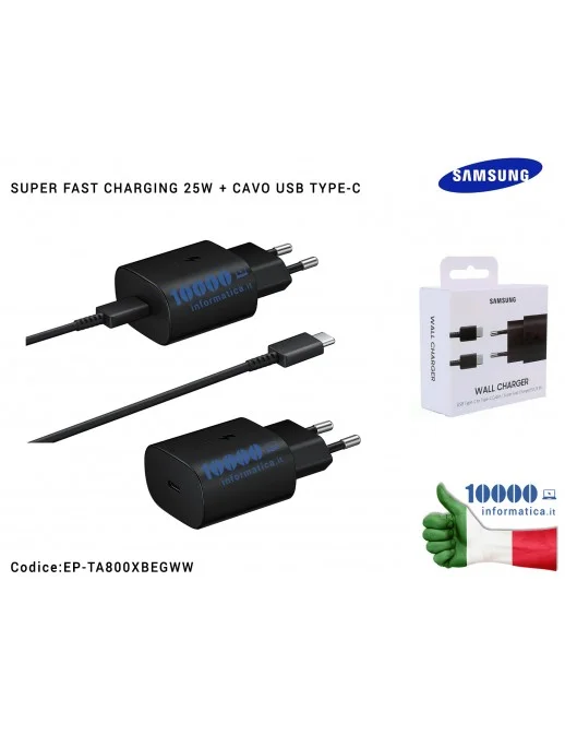 EP-TA800XBEGWW Caricabatterie USB-C [25W] SAMSUNG (NERO) + Cavo TYPE-C EP-TA800EBE (BLISTER) Galaxy Note 10 S10 5G S20 + S20 ...