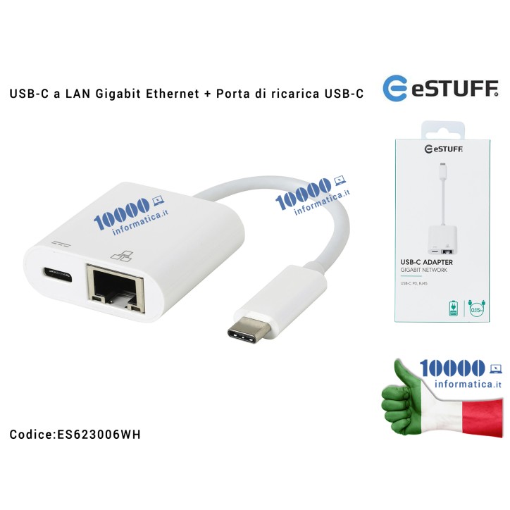 Cavo Adattatore eSTUFF da USB-C a LAN RJ45 10/100/1000 Gbps Gigabit Ethernet + Porta di ricarica USB-C [BIANCO] Charging Adapter