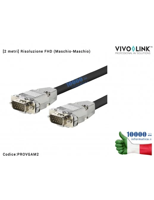 PROVGAM2 Cavo VGA [2 metri] VIVOLINK Pro (Maschio-Maschio) Max. Risoluzione Full-HD 1980x1080 (15 PIN) tripla schermatura al ...
