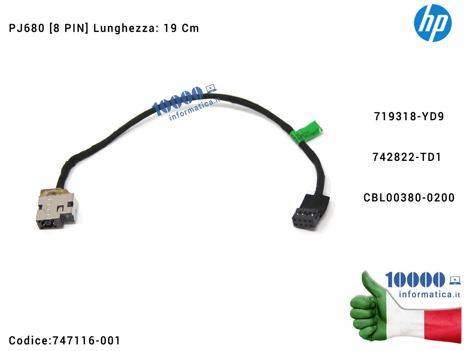 747116-001 Connettore DC Power Jack PJ680 HP 250 G3 14-D000 14-D100 15-D000 15-D100 15-R (8 PIN) 747116-001 719318-YD9 CBL003...