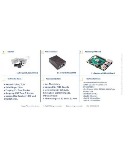 SI-RPI4B-ARMOR 4GB SI-RPI4B-ARMOR 4GB Raspberry Pi 4B ARMOR 4GB KIT V . Basic kit with Powr adapter case and board