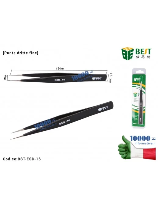 BST-ESD-16 Pinzetta di Precisione BEST ESD-16 [Punte Fine Dritte] Anti-acid Tipped Stainless Steel Tweezer Fine Pointed Tips ...