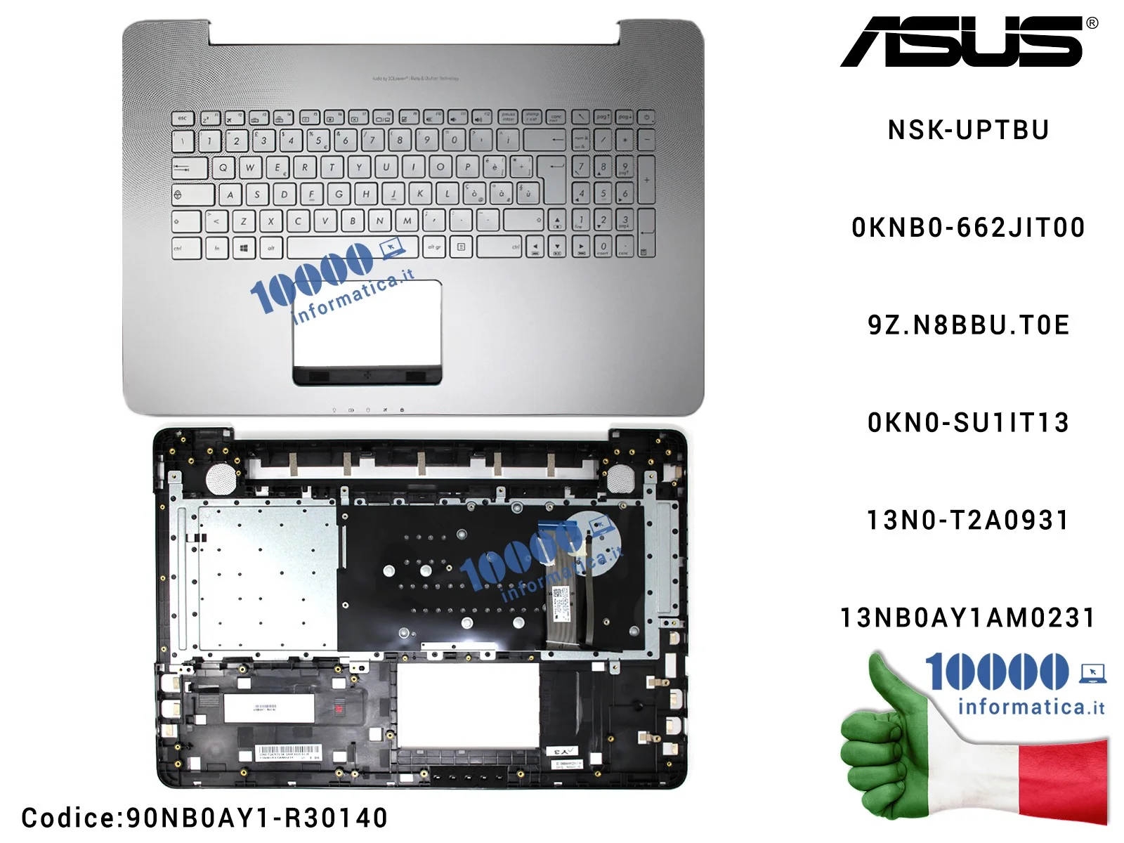 90NB0AY1-R30140 Tastiera Italiana Retroilluminata Completa di Top Case Superiore ASUS VivoBook Pro N752 N752V N752VX NSK-UPTB...
