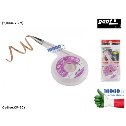 CP-20Y Treccia Dissaldante in Rame GOOT WICK CP-20Y [2,0mm x 2m] Trecciola Assorbi Stagno Anti-Hot Desoldering Wick Beccuccio...