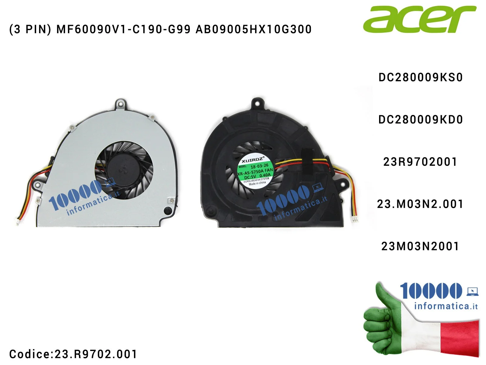 23.M03N2.001 Ventola di Raffreddamento Fan CPU ACER Aspire 5750 5755 5350 5750G 5755G E1-531 E1-571 V3-531 V3-571 Packard Bel...