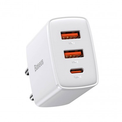 CCXJ-E02 Baseus CCXJ-E02 Quick Charger Caricatore Alimentatore Da Rete 30W 2 USB + 1 USB-C Bianco